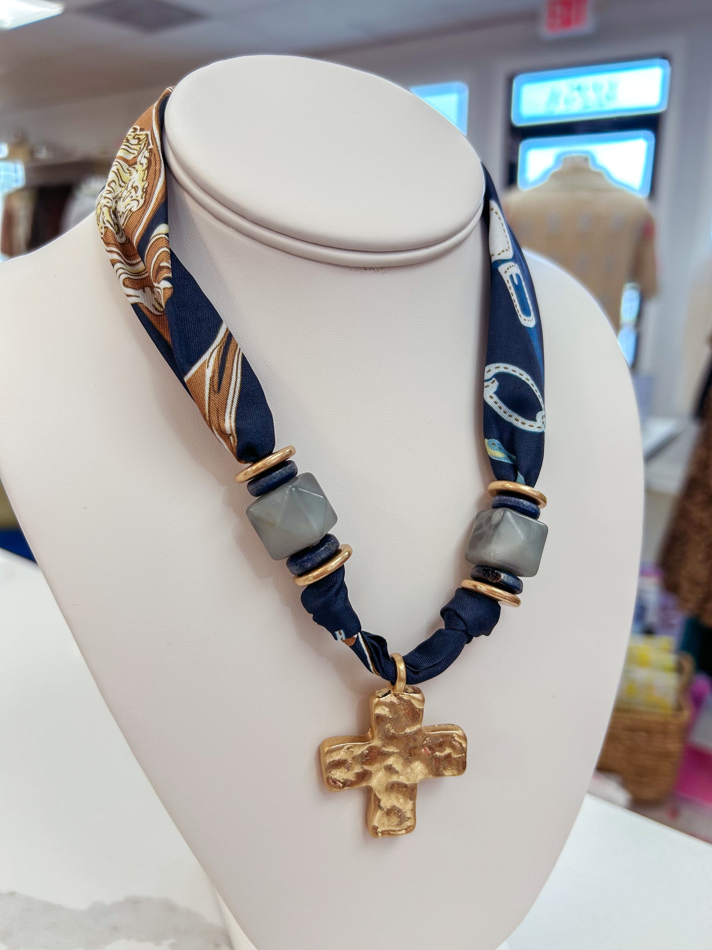 Hammered Cross Pendant Scarf Necklace