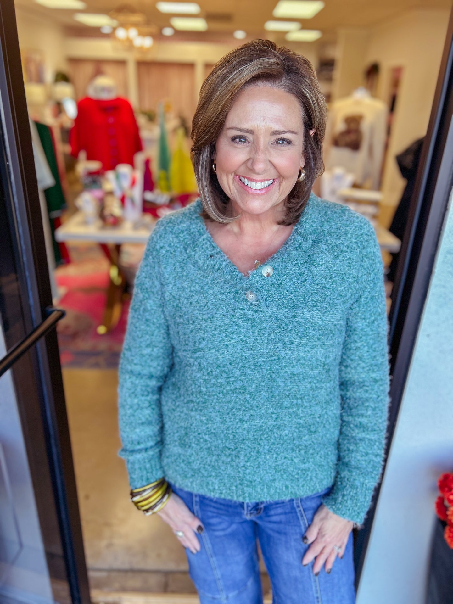Fuzzy Half Button Sweater