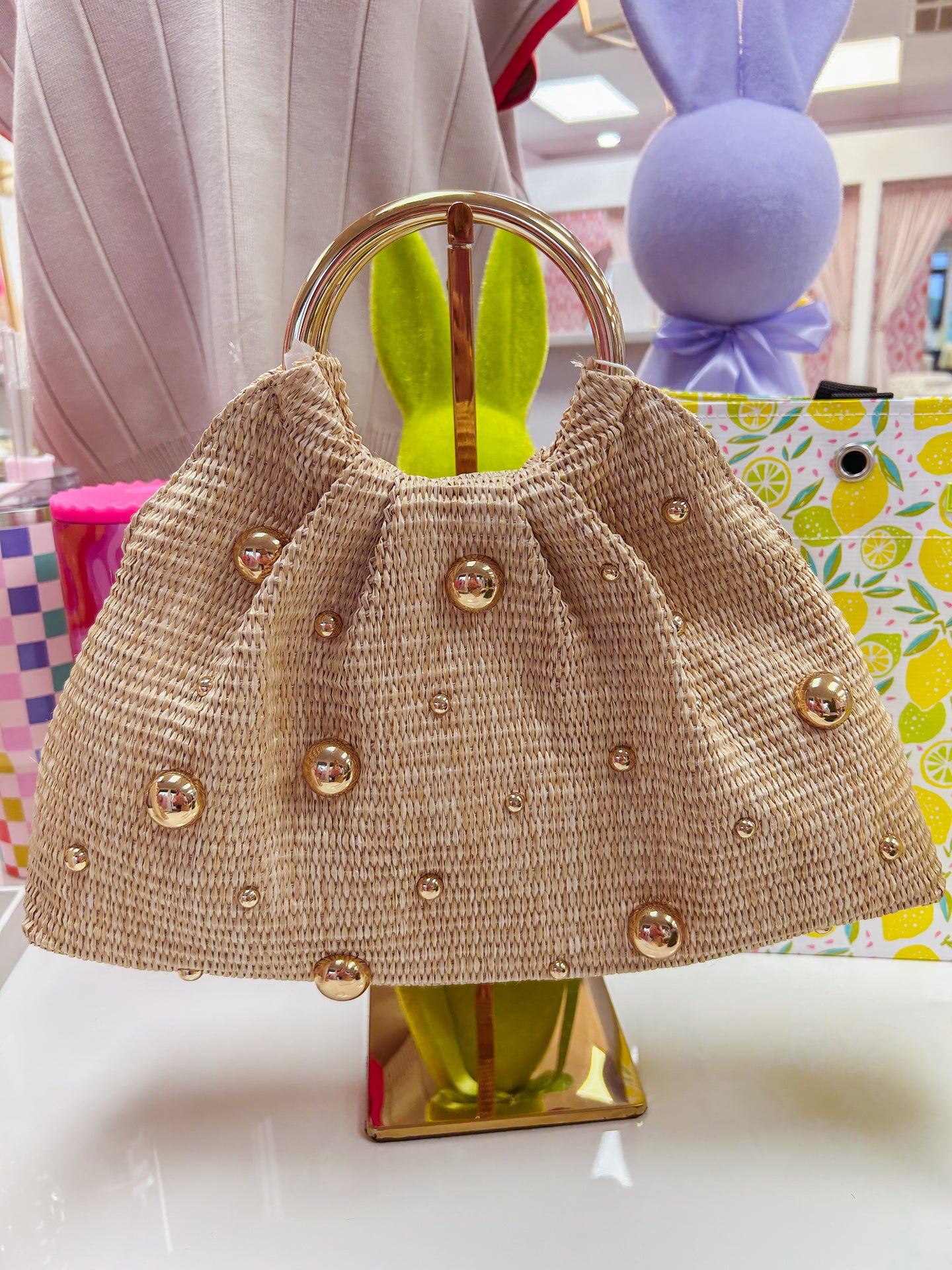 Harper Studded Straw Clutch