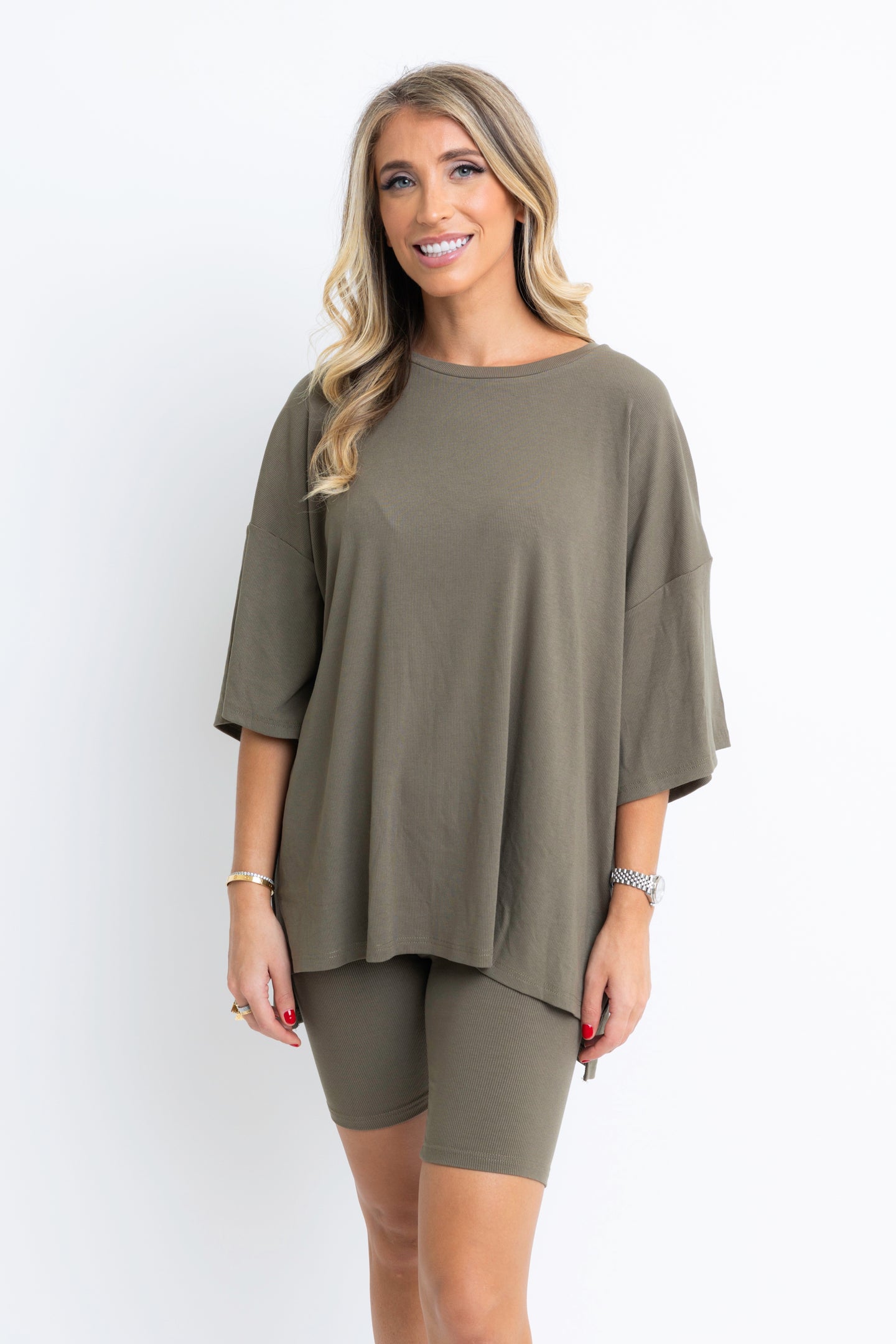 KARLIE Ribbed Knit Biker Set - Olive